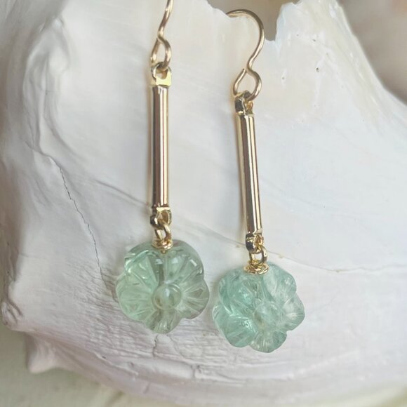 Hand Carved Fluorite Flower Earrings, Light Mint Green Translucent Gemstone - Picture 5 of 8